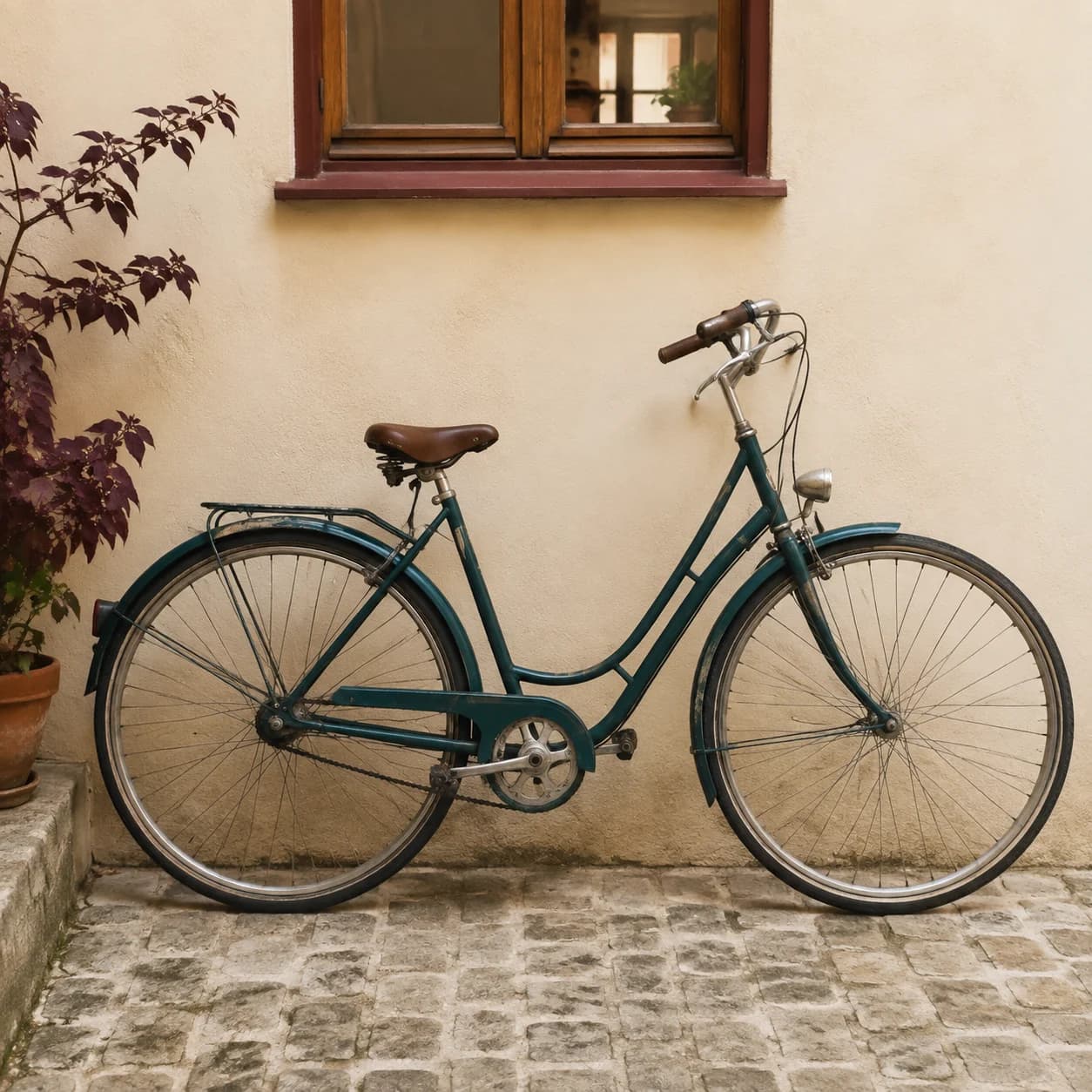 Un vélo de ville vert sombre devant un mur clair.