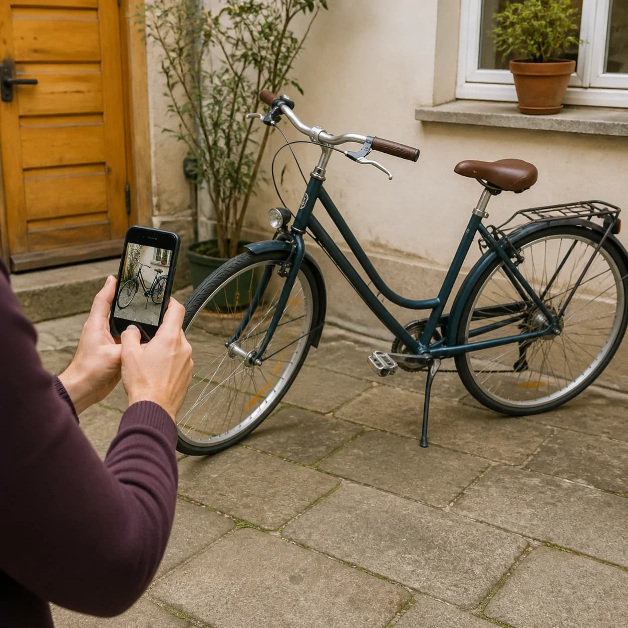 Une personne photographie un vélo avec son téléphone dans une cour.