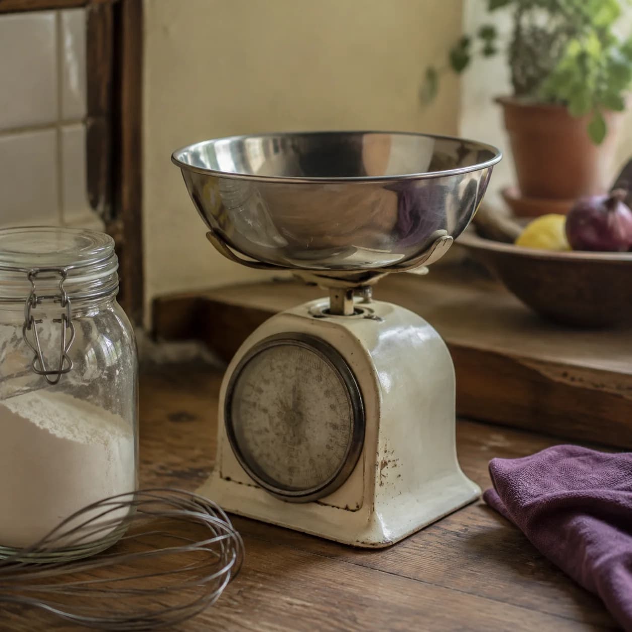 Une balance de cuisine mécanique avec un bol, un fouet et de la farine.