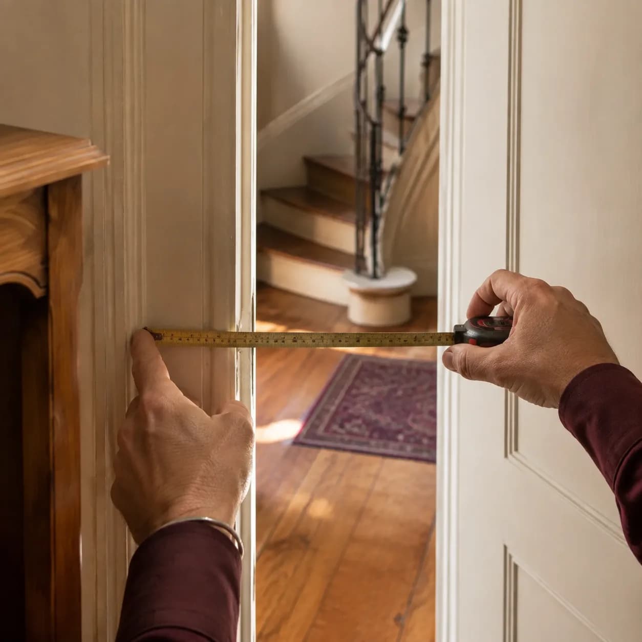 Des mains mesurent une porte avant un escalier tournant.