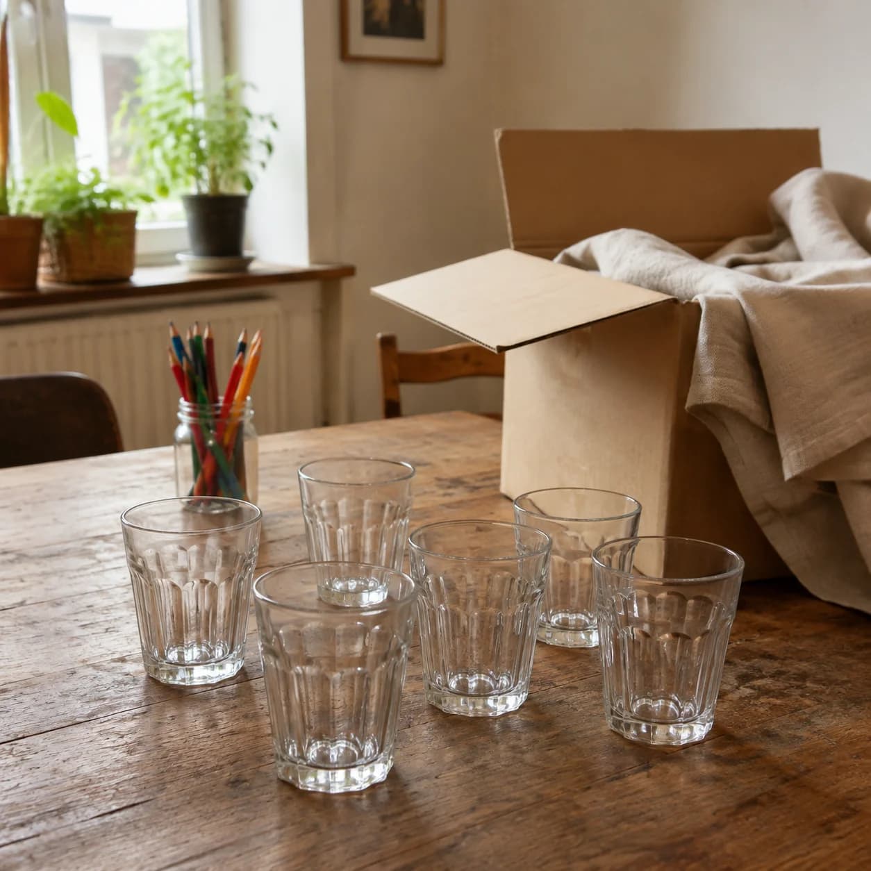 Six verres réunis près d’un carton et de quelques crayons.