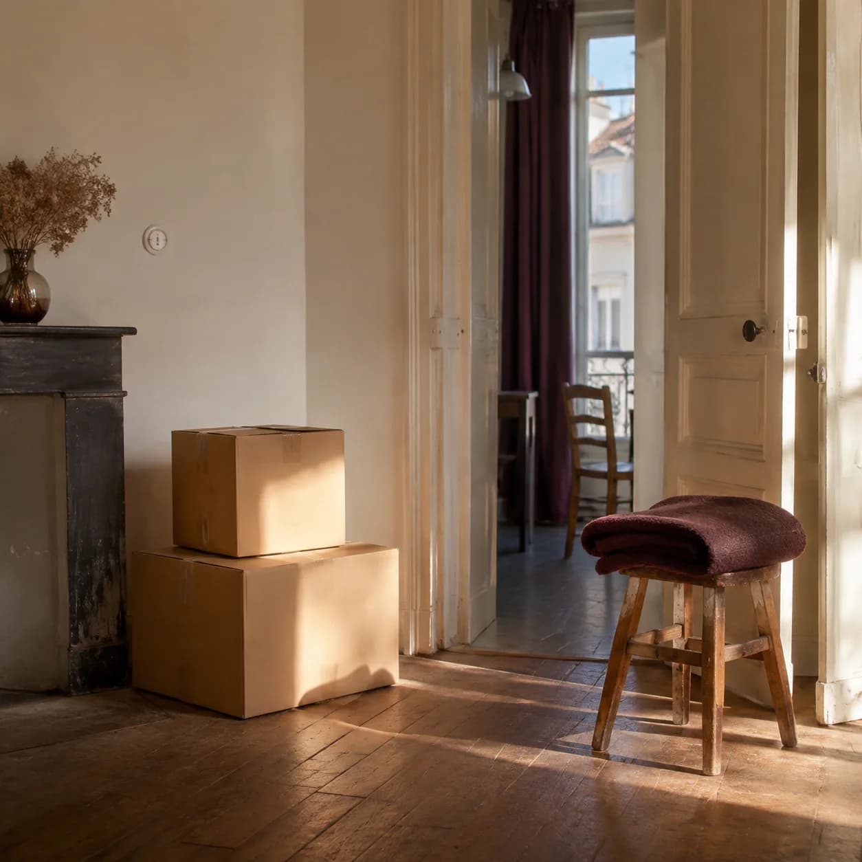 Des cartons et un tabouret prêts pour un déménagement.