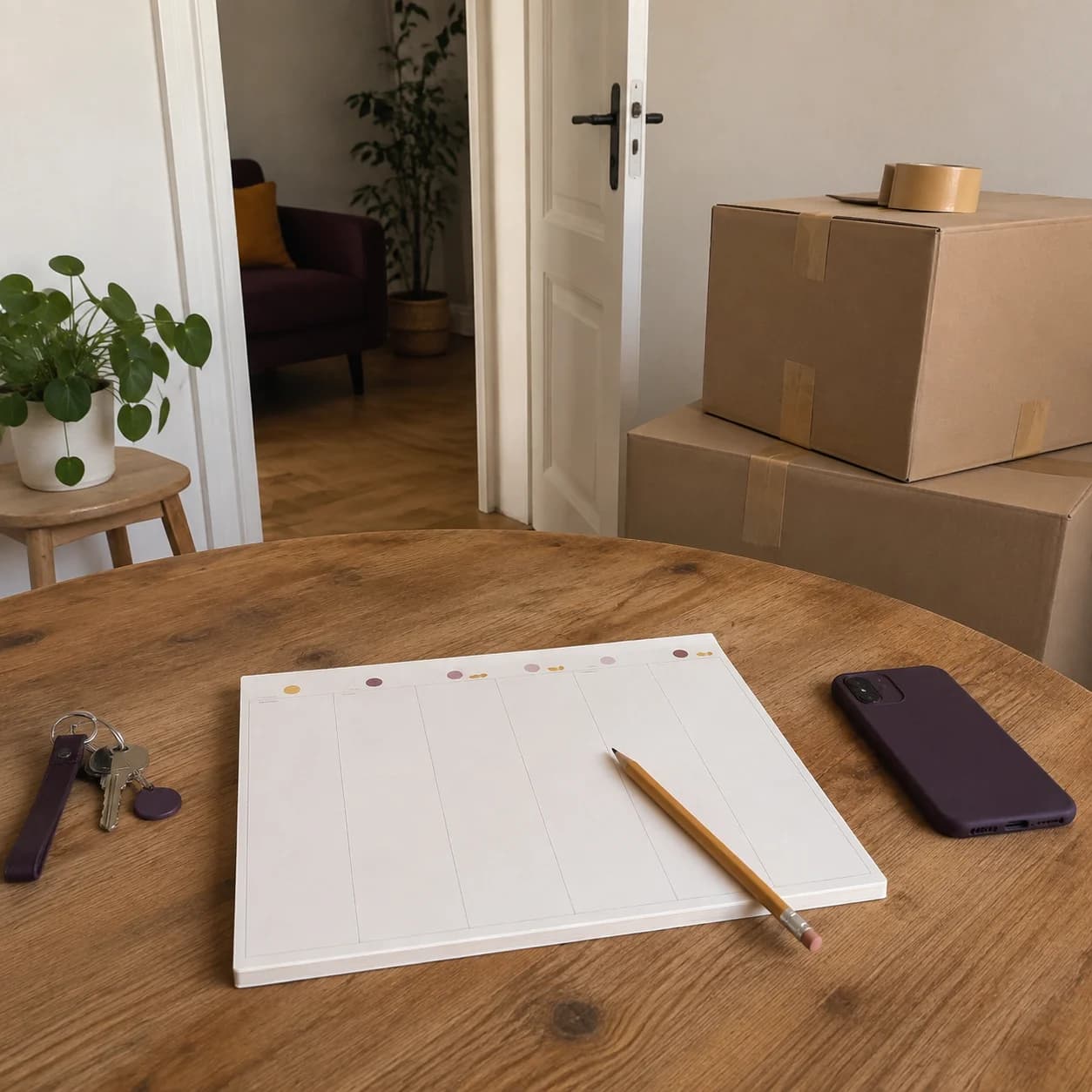 Un calendrier en papier, un crayon et des clés sur une table près de cartons.