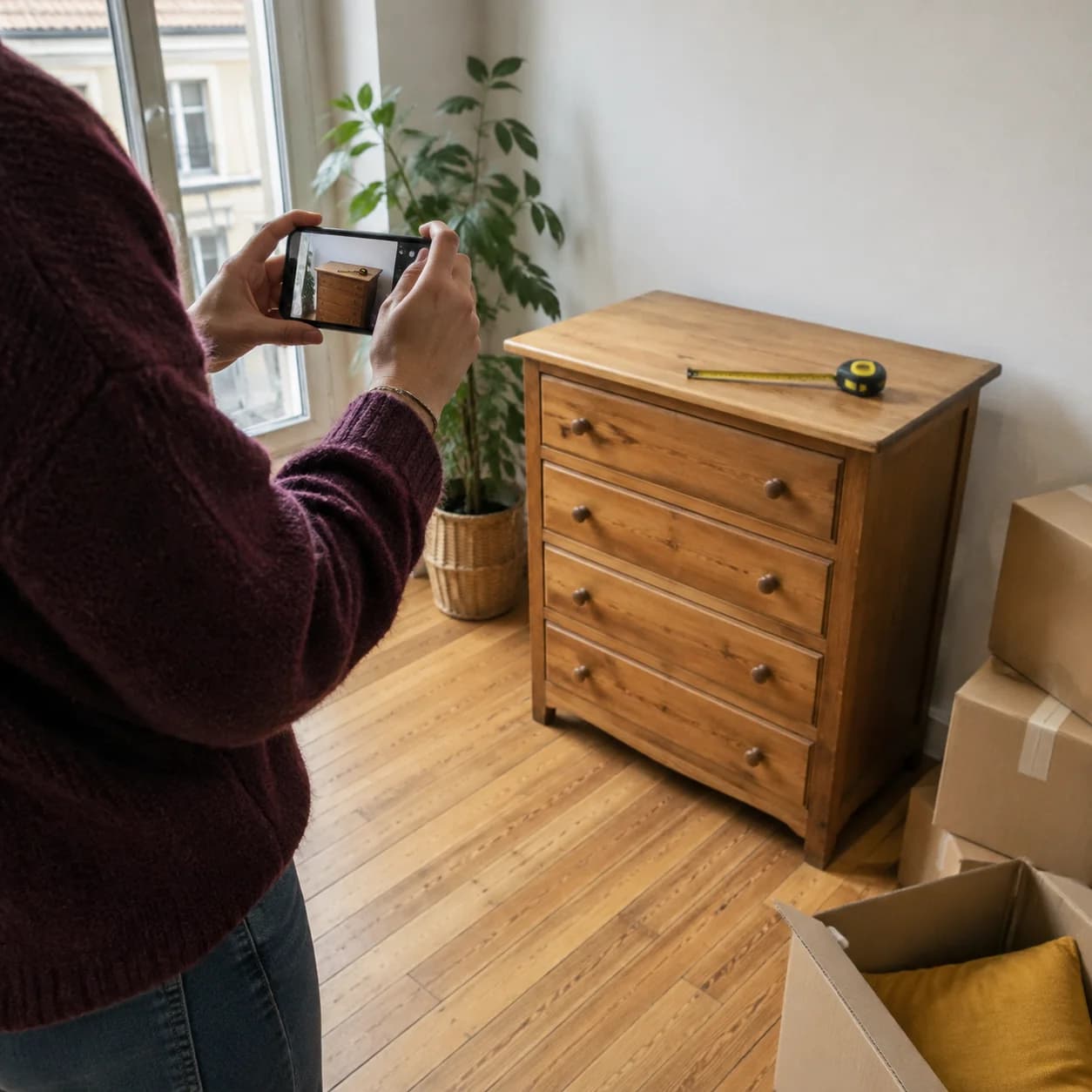 Une personne photographie une commode en bois près d’une fenêtre.