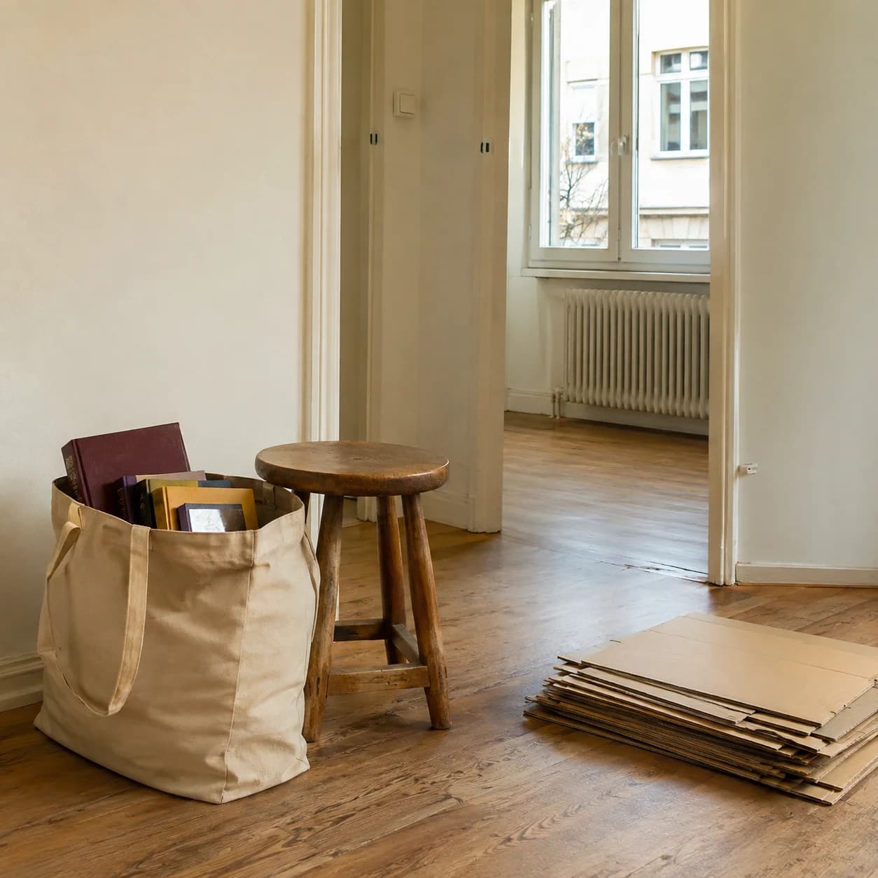 Un sac de livres et un tabouret près de la porte, séparés des cartons à recycler.