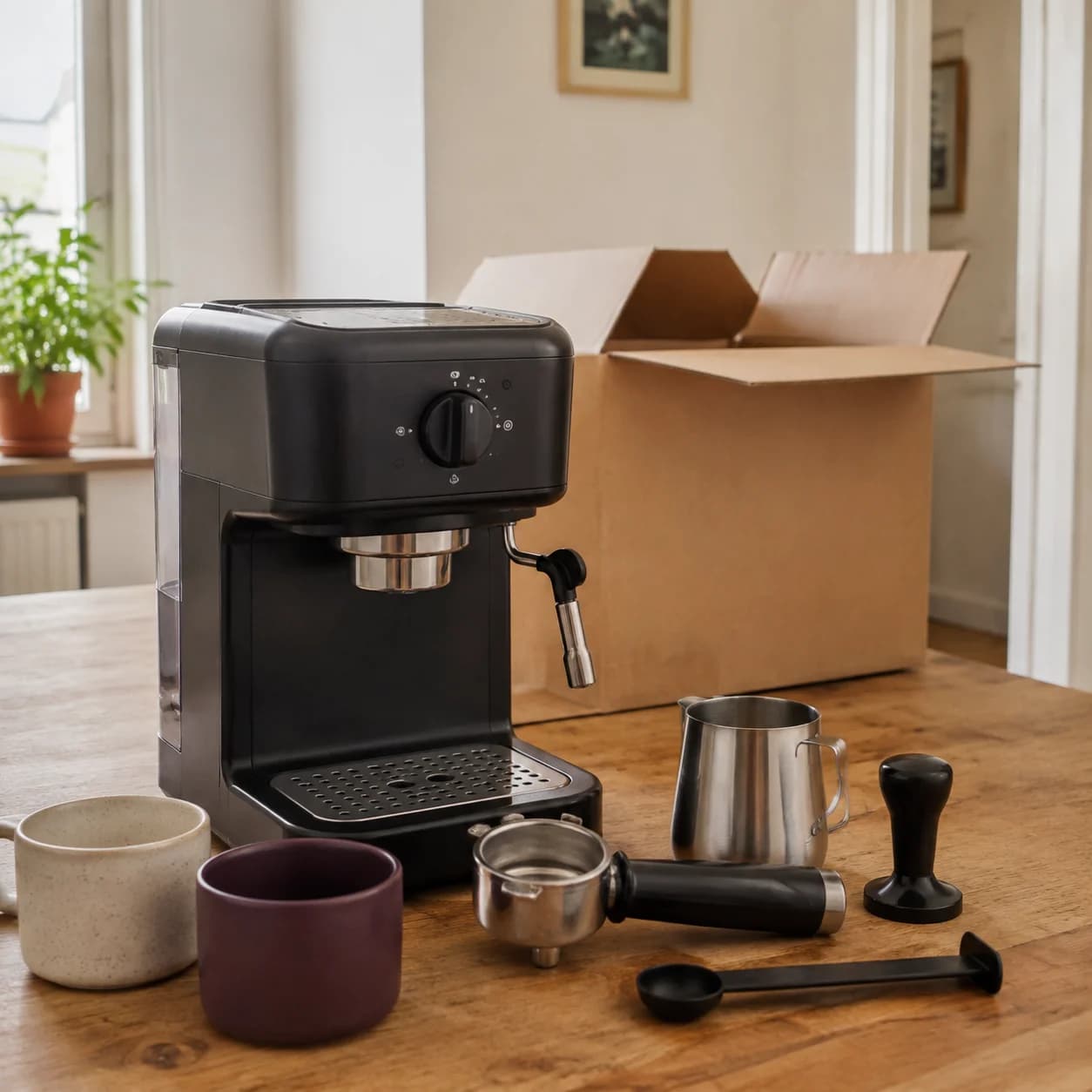 Une machine à café d’occasion avec ses accessoires et deux tasses.