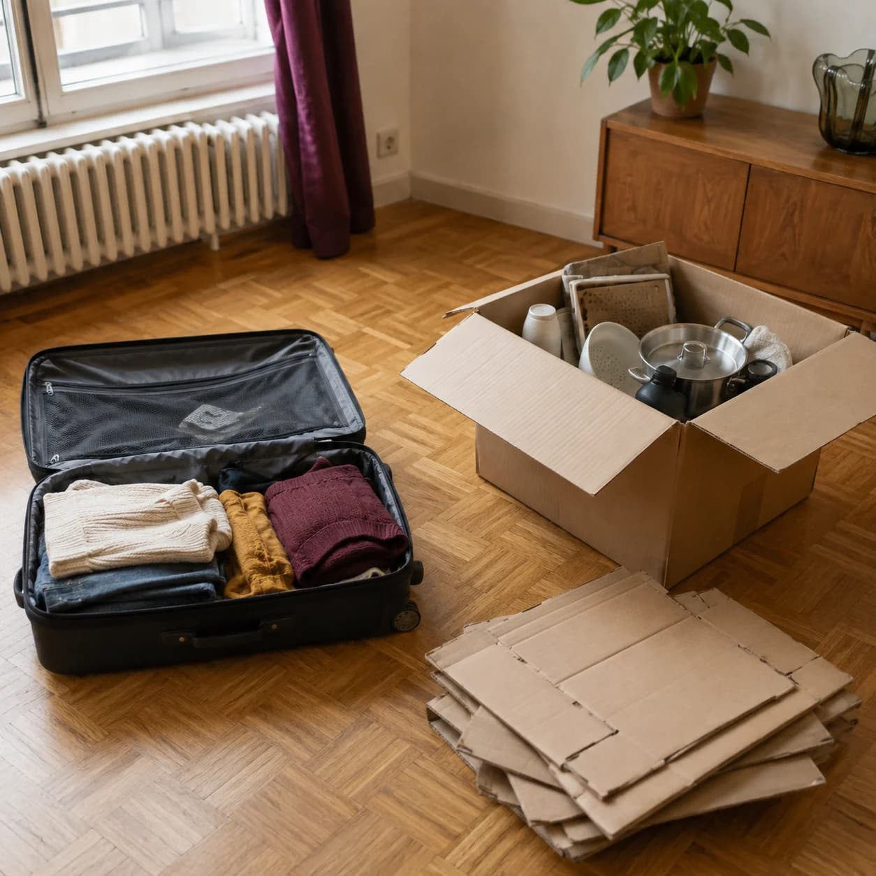 Une valise, un carton d’ustensiles et des cartons aplatis, séparés sur le parquet.