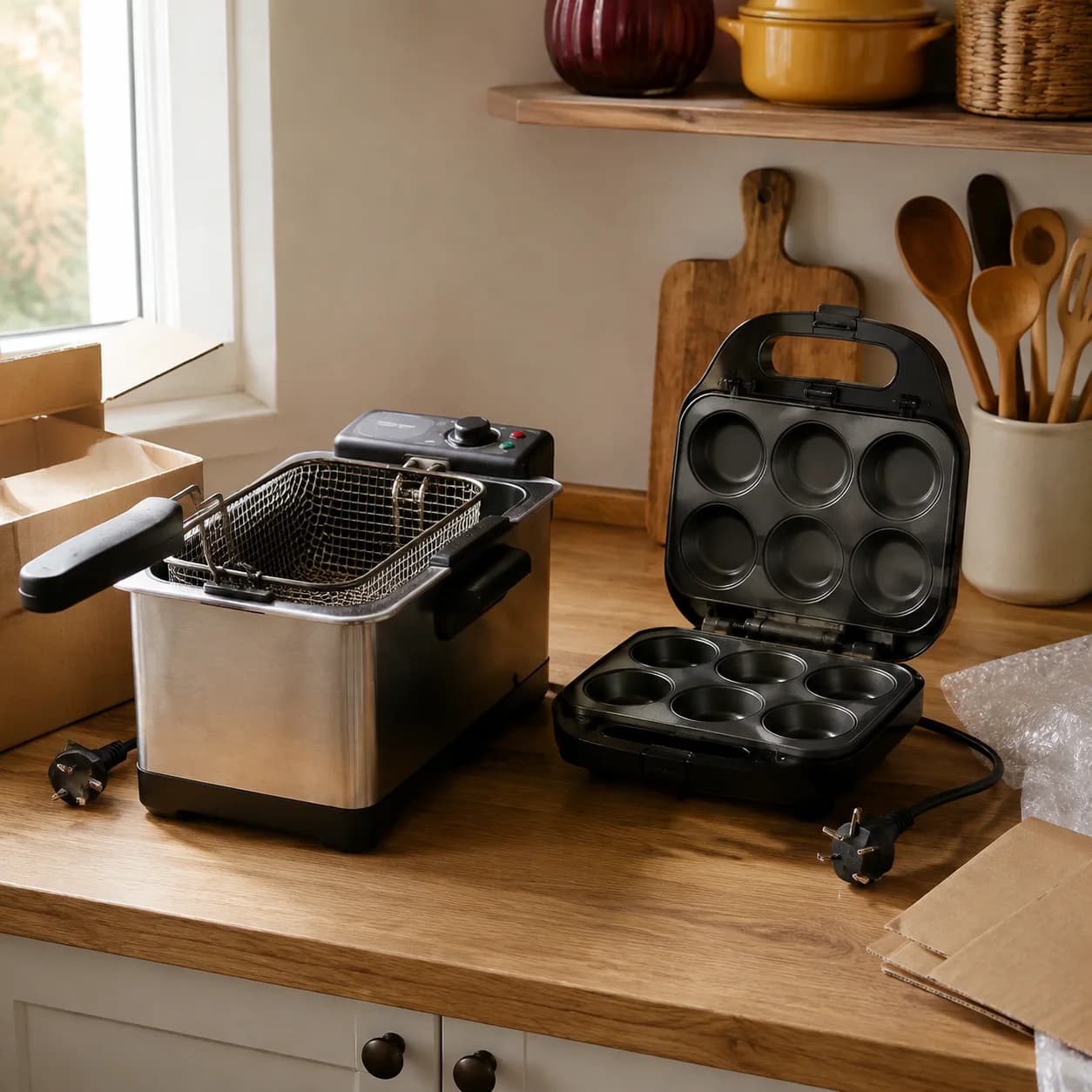 Une friteuse et une machine à muffins ouvertes, posées sur un plan de travail.