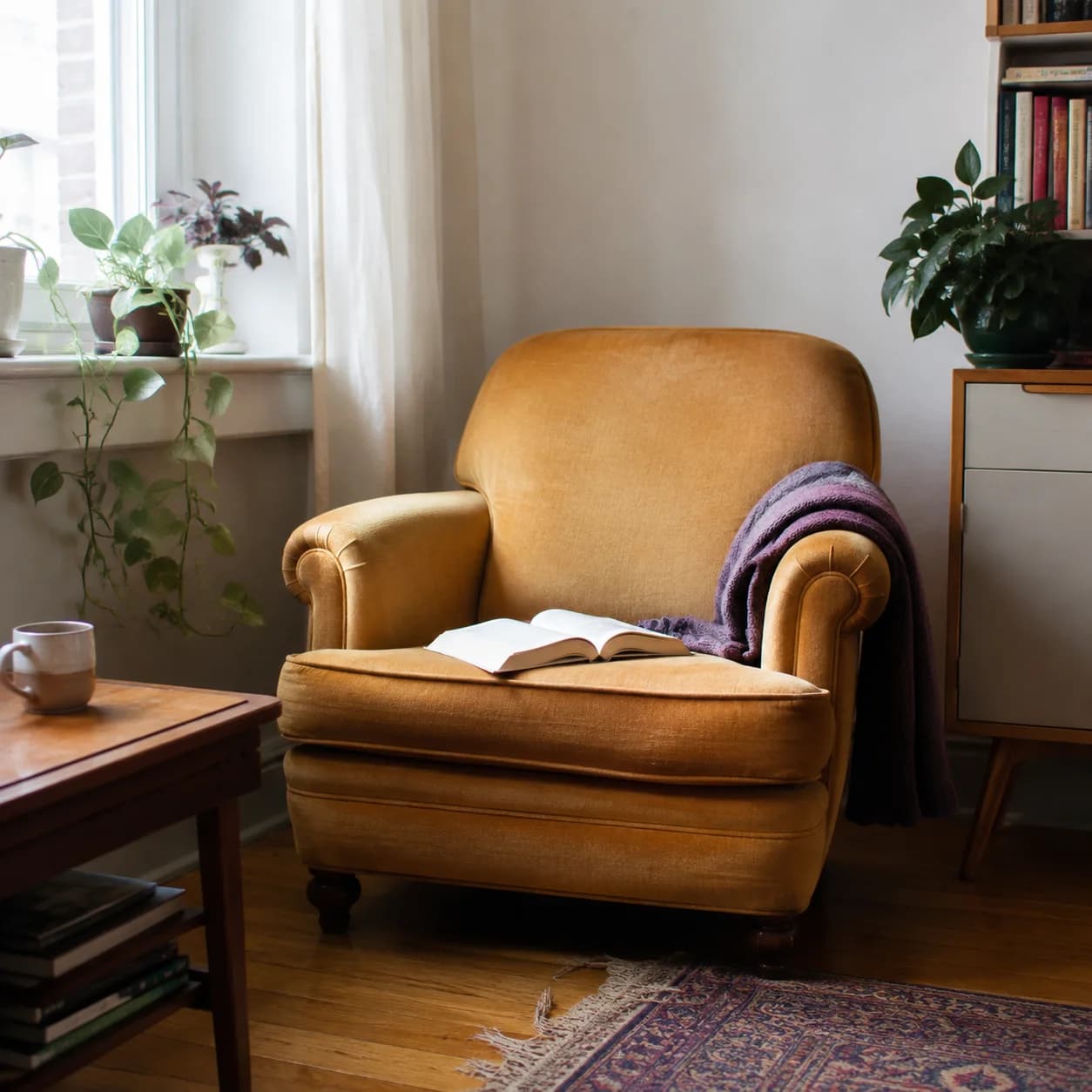 Un fauteuil ocre près d’une fenêtre, avec un livre ouvert et un plaid.
