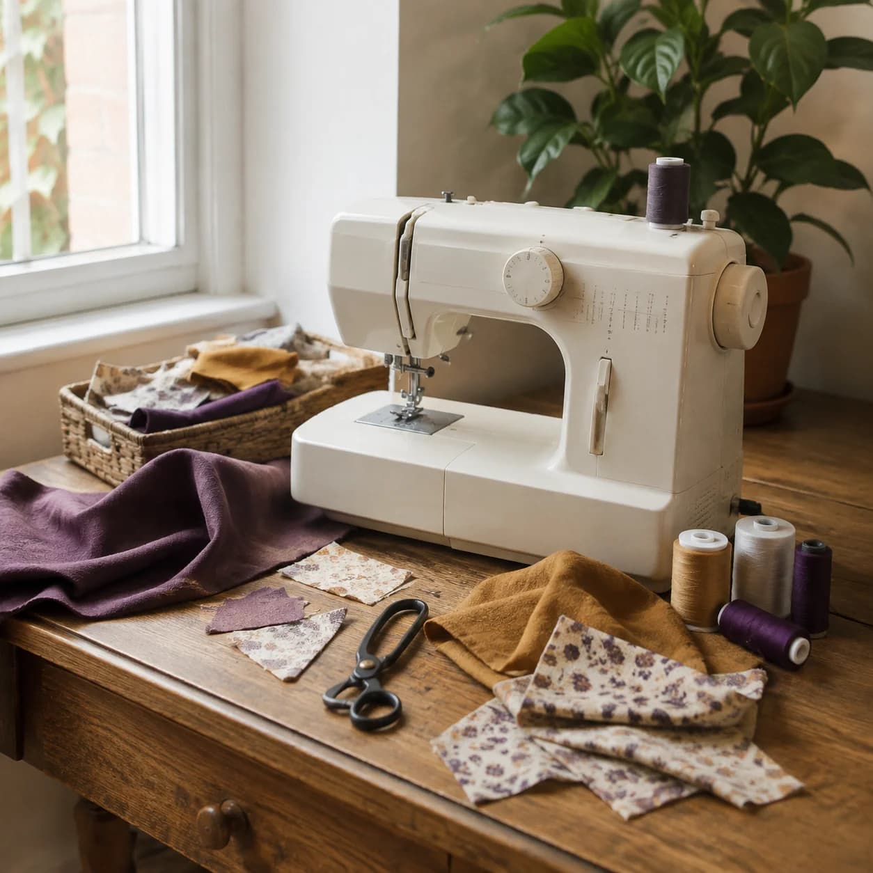 Une machine à coudre d’occasion, du fil et du tissu réunis sur une table.