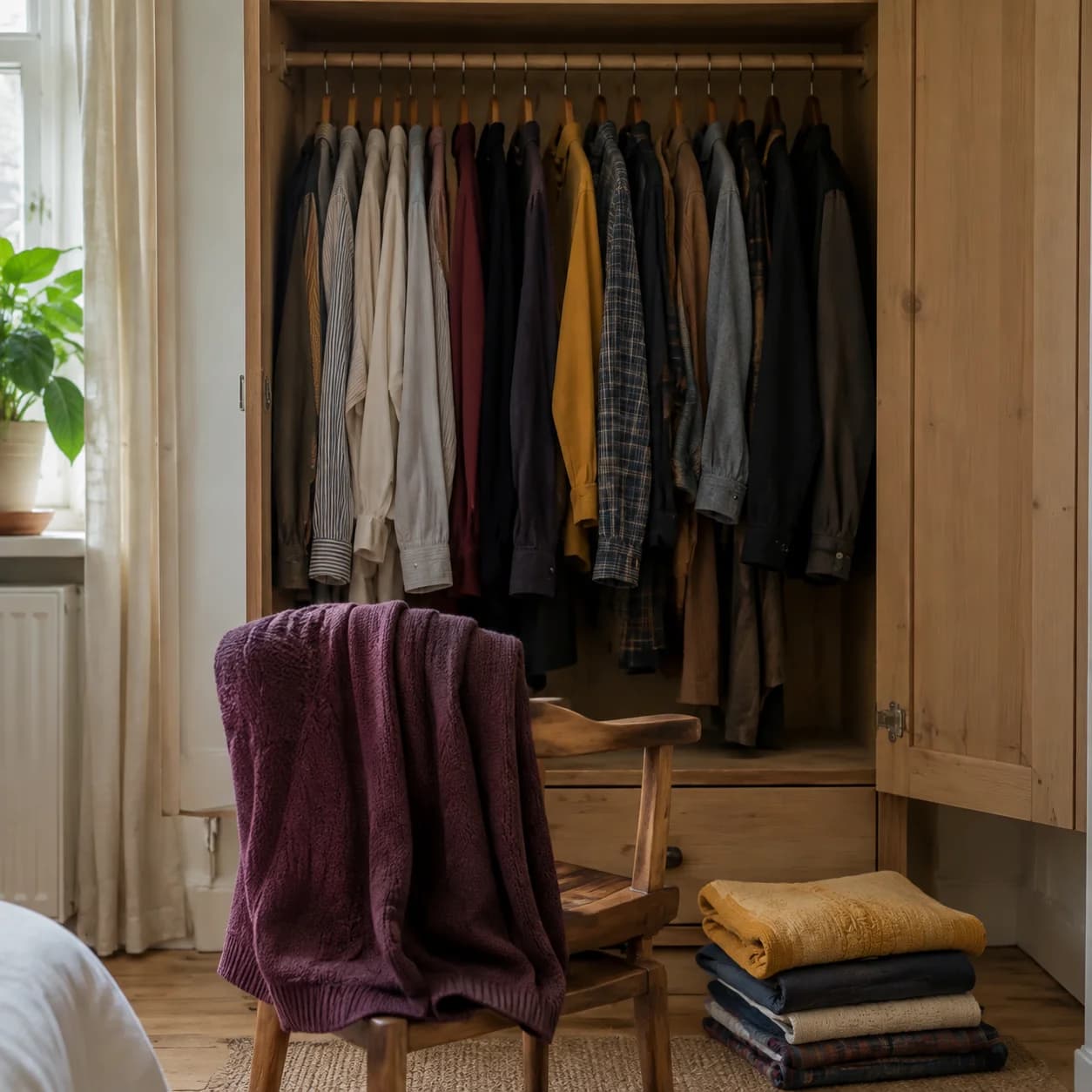 Une armoire remplie et un pull prune sur une chaise, près de vêtements triés.